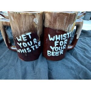 Vintage Artmark Whistle Beer Mug Set 4 Wet Your Whistle Drip Glaze Steins
